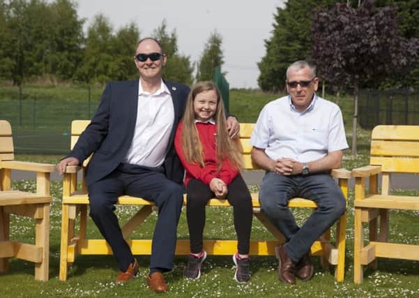 Friendship benches at Woodburn School - Alix Renwick with war blinded Ewan Bowie