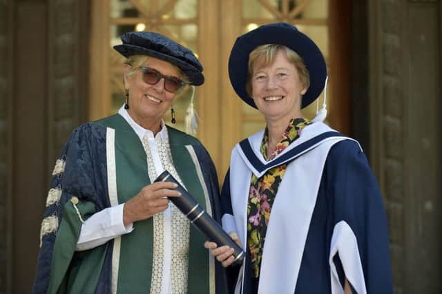 QMU chancellor Prue Leith presents Ann Southwood with her honorary degree.