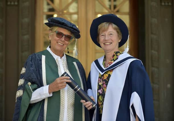 QMU chancellor Prue Leith presents Ann Southwood with her honorary degree.