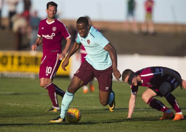 Uche Ikpeazu made his Hearts debut as a second-half substitute against Arbroath on Tuesday. Pic: SNS