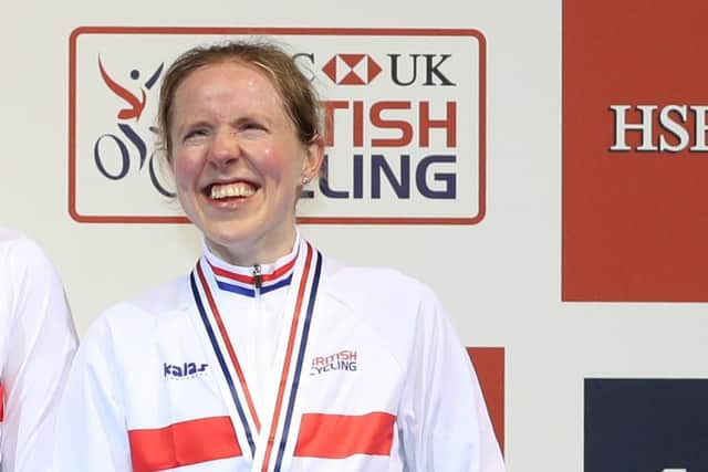 Lora Fachie after winning gold in the Mixed Para Cycling BVI Pursuit at the HSBC UK National Track Championships at The National Cycling Centre, Manchester