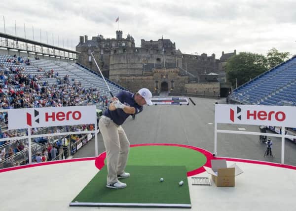 Richie Ramsay takes a shot during the Hero Challenge at Edinburgh Castle. Pic: Ian Rutherford