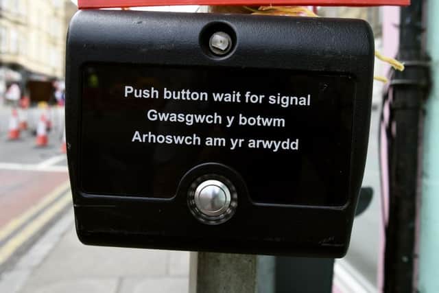 A temporary crossing buttons at the roadworks in Rodney Street has Welsh instructions. Picture: Lisa Ferguson
