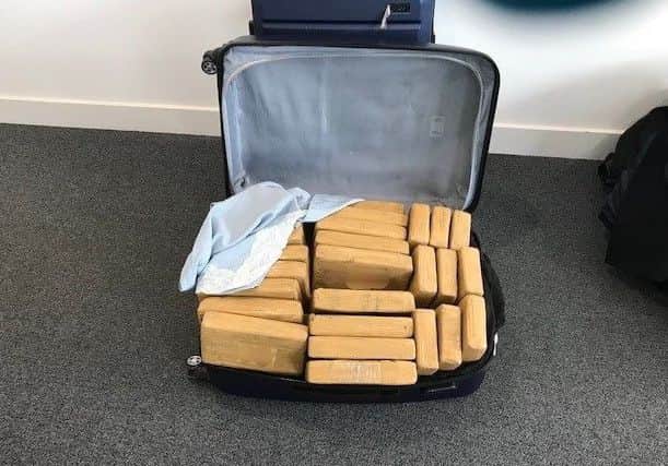 Undated Home Office handout photo of one of 15 suitcases opened by Border Force officials at Farnborough containing blocks of cocaine hydrochloride. Picture; PA