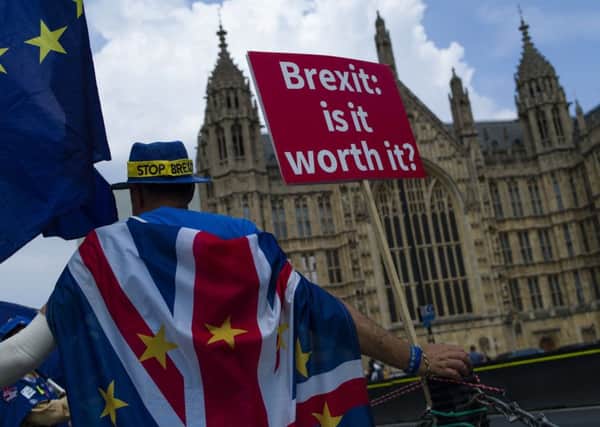 A man protests against Brexit outside the Houses of Parliament. Picture: Getty