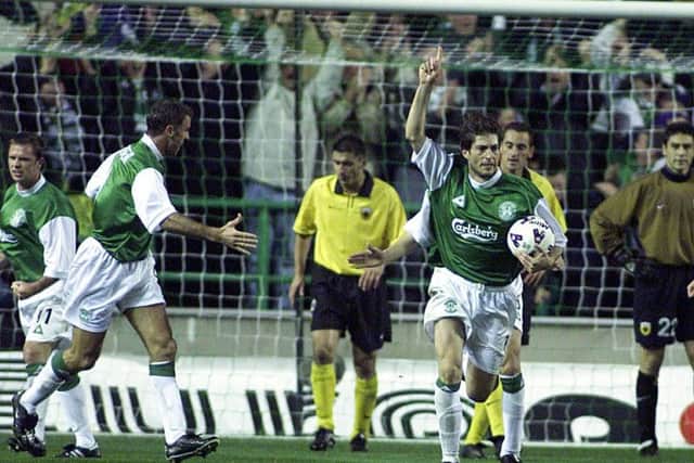 Paco Luna celebrates after netting the first goal for Hibs against AEK Athens. Picture: SNS