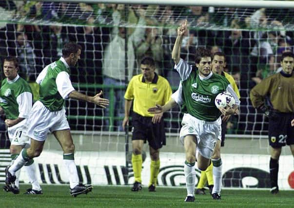 Paco Luna celebrates after netting the first goal for Hibs against AEK Athens. Picture: SNS
