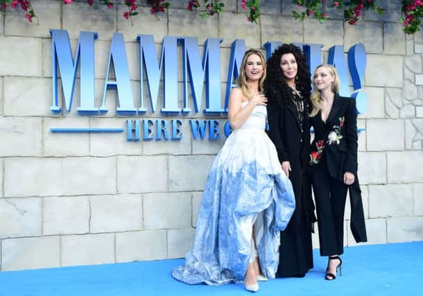 Lily James, Cher and Amanda Seyfried attending the premiere of Mamma Mia! Here We Go Again. Picture: PA