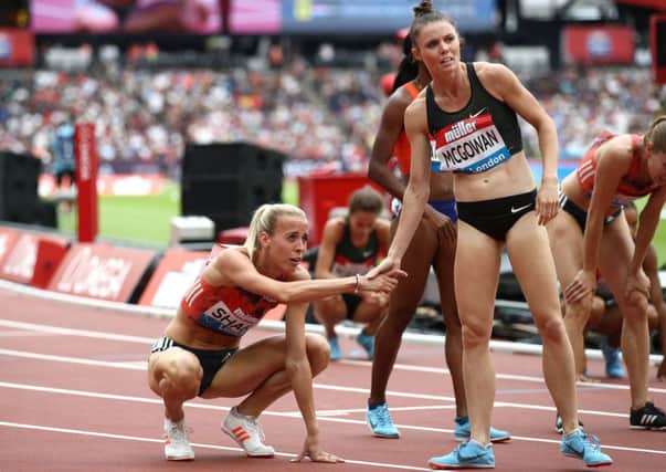 Lynsey Sharp, left, is congratulated by Australias Brittany McGowan at the London Stadium
