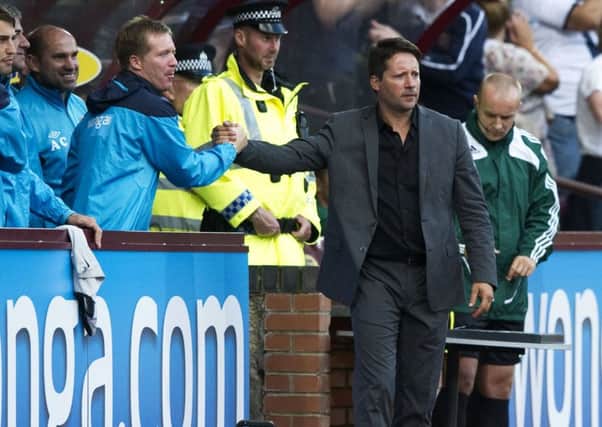 Gary Locke, left, congratulates new Hearts manager Paulo Sergio