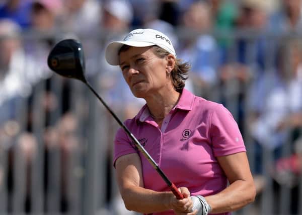 Catriona Matthew plays off the first tee. Pic Getty Images