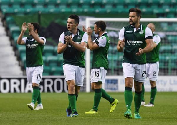 The Hibs players celebrate at full time after beating Asteras Tripolis 3-2. Picture: SNS Group