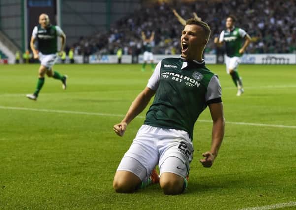 Florian Kamberi celebrates his late winner for Hibs against Asteras Tripolis. The Easter Road club head to Greece next week planning on adding more goals to the 3-2 advantage from the first leg. Pic: SNS