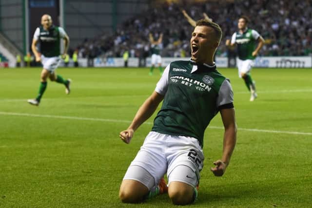 Florian Kamberi celebrates his late winner for Hibs against Asteras Tripolis. The Easter Road club head to Greece next week planning on adding more goals to the 3-2 advantage from the first leg. Pic: SNS