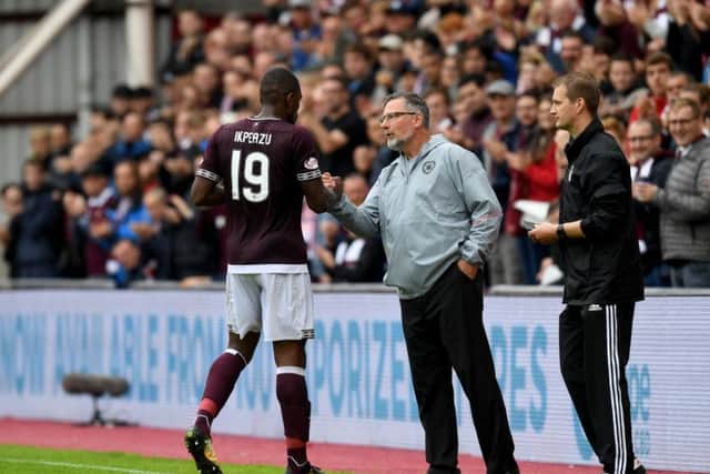 Uche Ikpeazu's recent performances in attack have got Hearts fans excited. Pic: SNS