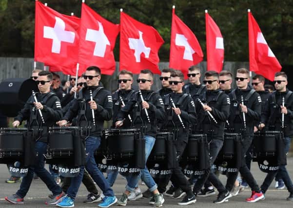 The Top Secret Drum Corps from Switzerland during the rehearsal for The Royal Military Edinburgh Tattoo at Redford Barracks, Edinburgh. Picture: Andrew Milligan/PA Wire