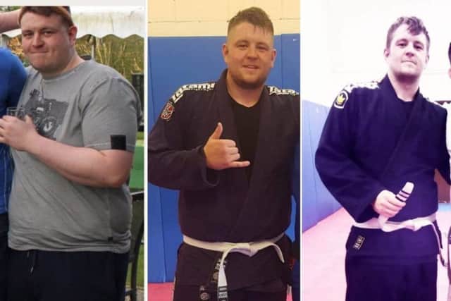Collects of David Steele who has lost 12 stone in just 13 months from working out in his tiny gym. Picture; SWNS
