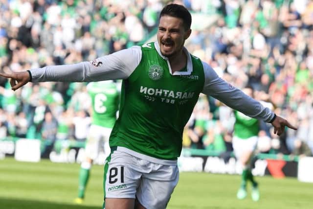 Jamie Maclaren celebrates scoring in Hibs' 5-3 win against Kilmarnock last season. Picture: SNS Group