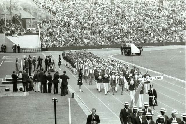 Opening ceremony of 1970 Commonwealth Games Scottish athletes march proudly into Meadowbank Stadium for the Commonwealth Games.