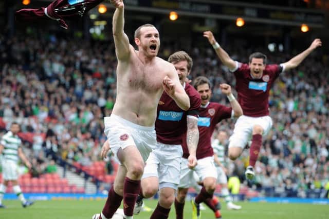 Craig Beattie celebrates his famous goal against Celtic in 2012. Pic: TSPL
