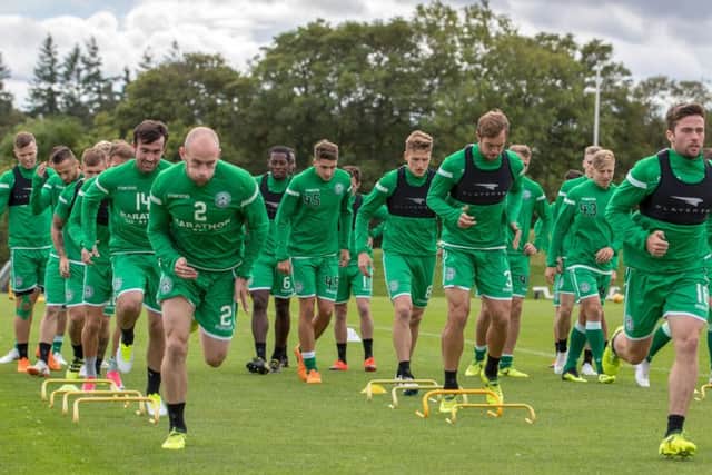 Hibs are put through their paces at East Mains ahead of facing Molde. Picture: SNS Group
