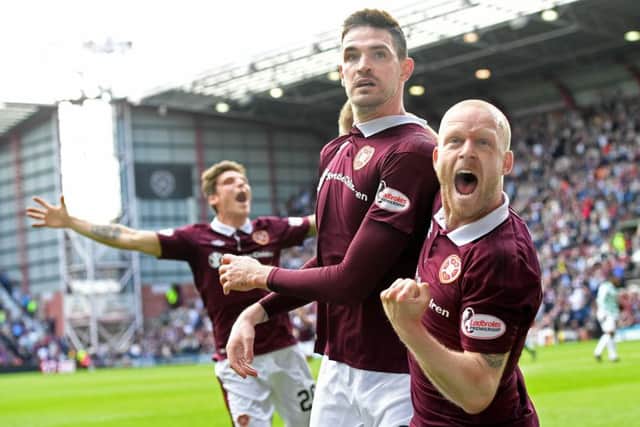 Kyle Lafferty celebrates scoring against Celtic last season with Steven Naismith