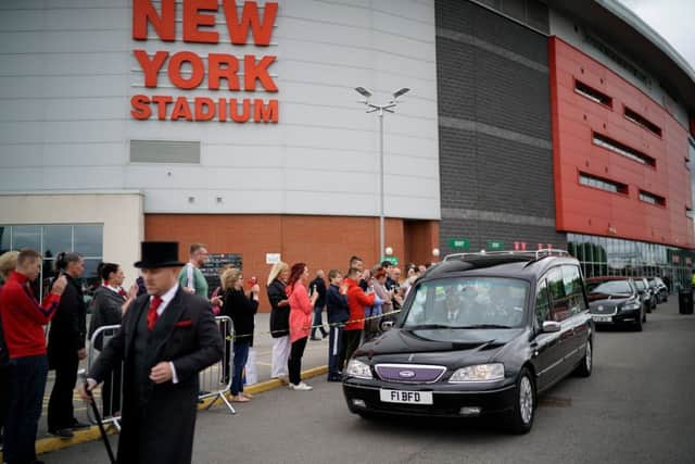 The funeral cortege of Barry Chuckle leaves The New York Stadium after his funeral service. Picture: Getty Images