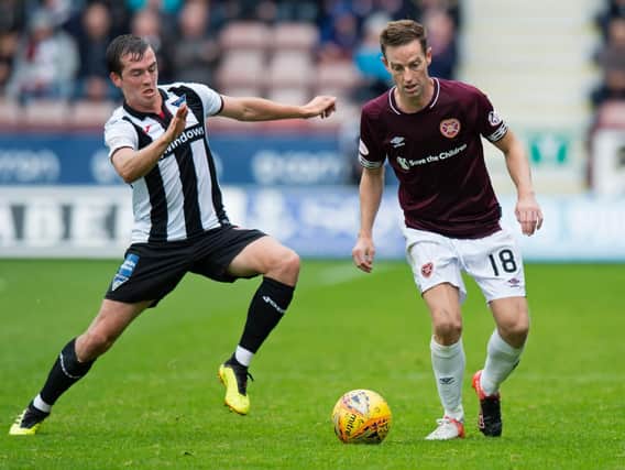 Steven MacLean on the attack for Hearts against Dunfermline's Louis Longridge
