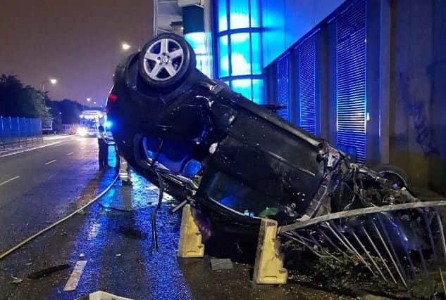The collision left one car on its roof. Picture: Road Policing Scotland/Twitter