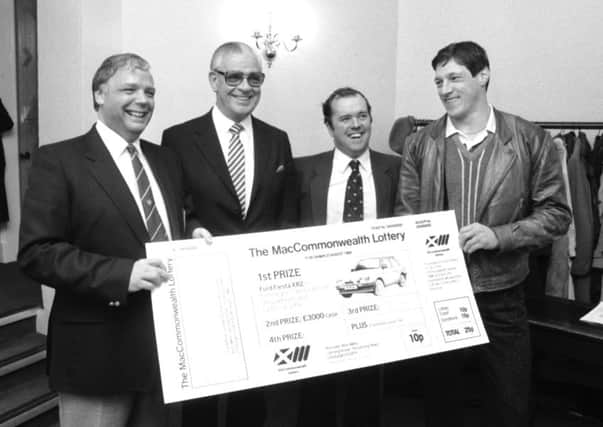 From left, Edinburgh businessman Wallace Mercer, former Lord Provost Kenneth Borthwick, Alan Grosset and athlete Allan Wells launch the MacCommonwealth Lottery, a fundraiser for the Commonwealth Games 1986. Picture: Alan Ledgerwood