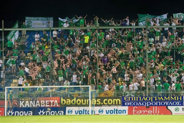 Hibs fans during the match against Asteras Tripolis. Pic: SNS