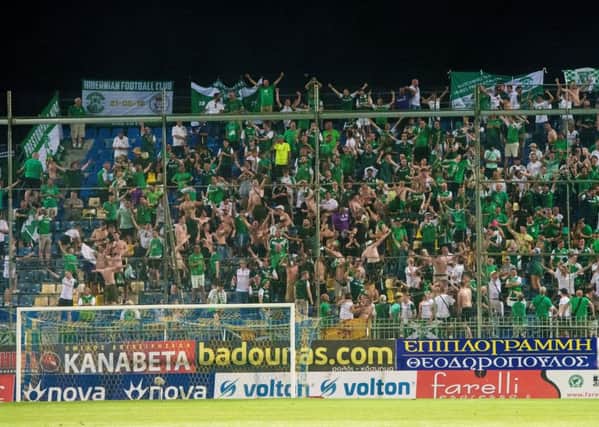 Hibs fans during the match against Asteras Tripolis. Pic: SNS
