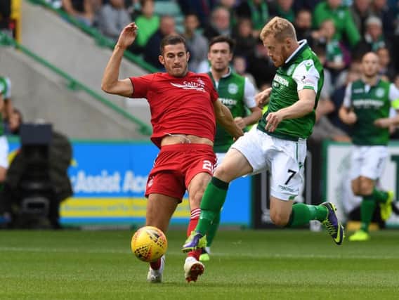 Hibs Daryl Horgan is tackled by Dom Ball of Aberdeen