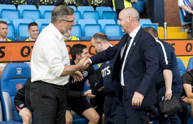 Kilmarnock manager Steve Clarke, right, shakes hands with Craig Levein before Saturday's match. Picture: SNS