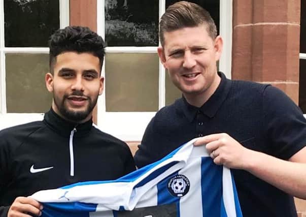 Nico Salazar with Penicuik manager Johnny Harvey. Pic: Penicuik Athletic FC