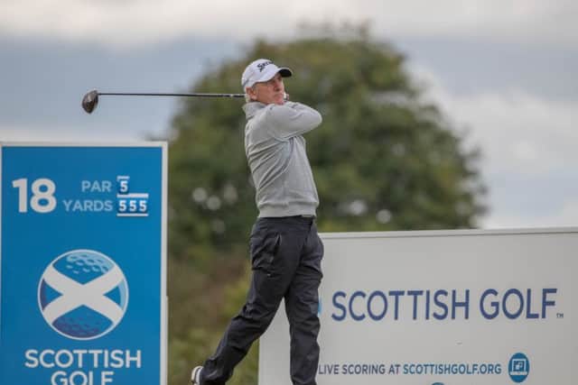 Euan McIntosh tees off at the 18th hole during the Carrick Neill Scottish Open Championship at Gleneagles.
Picture: Kenny Smith