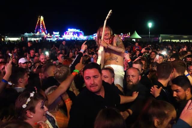 The Darkness frontman Justin Hawkins amongst the Dalkeith crowd. Photo by Alan Wilson.