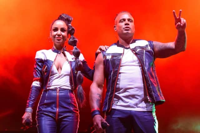 Kim Vergouwen and Ray Slijngaard? of 2 Unlimited during their set at Midstock Festival on Friday 31st August at Dalkeith Country Park. Photo by Kevin Murray