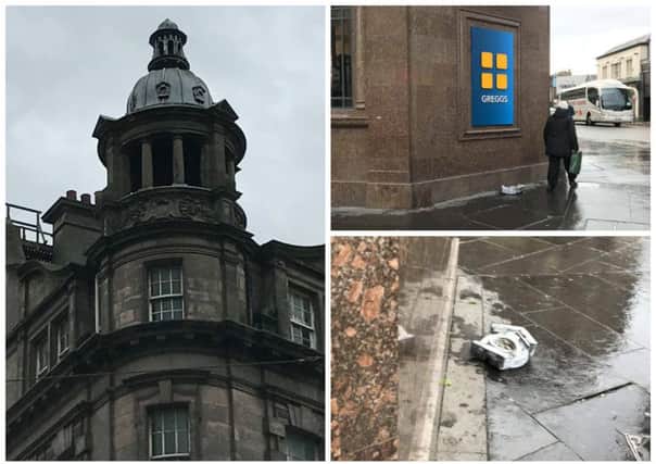 A piece of masonry, understood to be decoration, landed on the pavement at the corner of Shandwick Place and Queensferry Street. Picture: Contributed