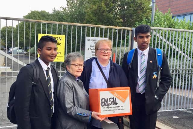 L-R Abreeb, Right Rev Susan Brown, Rev Linda Pollock and Somer at the petition handover. Picture: Church of Scotland.