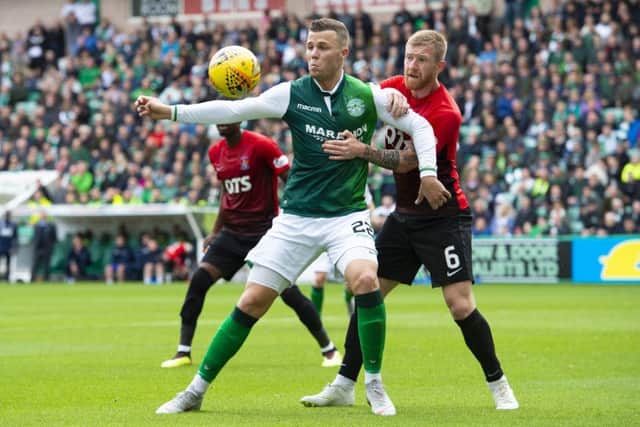 Hibernian's Florian Kamberi (left) holds off Kilmarnock's Alan Power. Picture: SNS