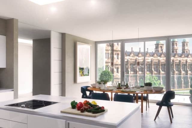 The three-bedroom apartment is situated at the end-point of the sweeping development, boasting 180-degree glass frontage and expansive triple aspect, 2,680 square-foot private terrace.
