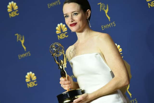 Claire Foy poses with her Emmy for lead actress in a drama series. Picture: Getty