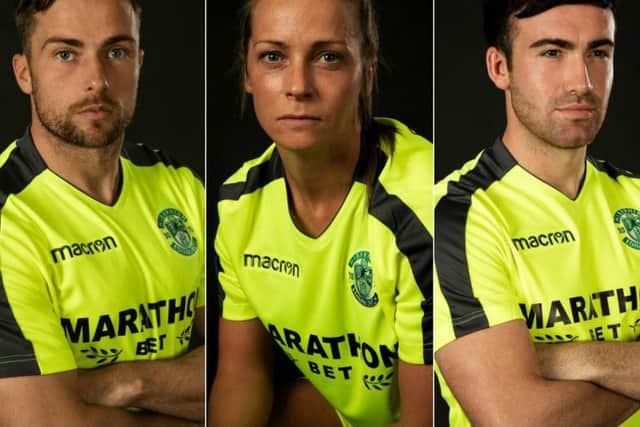 Lewis Stevenson, Joelle Murray and Stevie Mallan launch the new strip. Picture: Hibernian FC