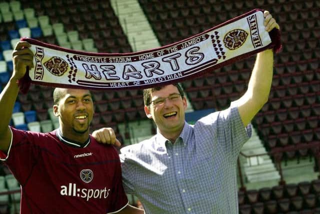 Levein and new signing Mark de Vries greet the press after the striker joins Hearts. Picture: TSPL