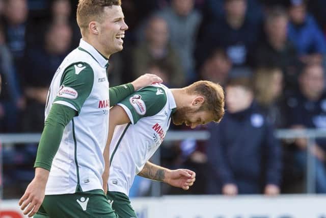 Goalscorers Martin Boyle and Florian Kamberi celebrate the former's goal. Picture: SNS Group