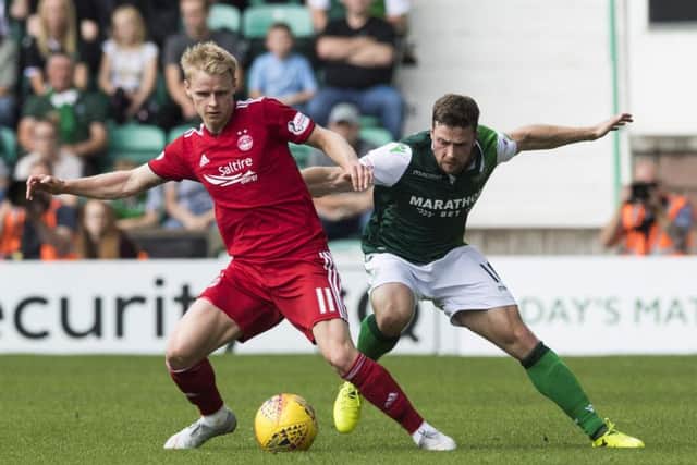 HIbs' Lewis Stevenson will have his hands full with Aberdeen's Gary Mackay-Steven at Easter Road. Picture: SNS/Paul Devlin