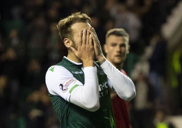 Hibs attacker Martin Boyle feels the pain after missing a great chance at Easter Road