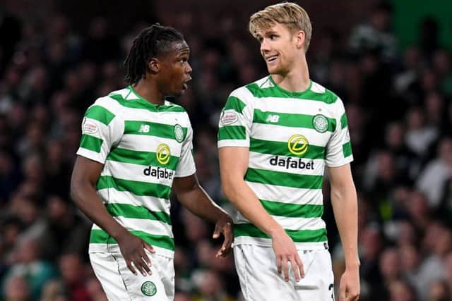 Celtic's Dedryck Boyata and Kristoffer Ajer are set to miss the Betfred Cup semi-final with Hearts. Picture: SNS/Craig Foy