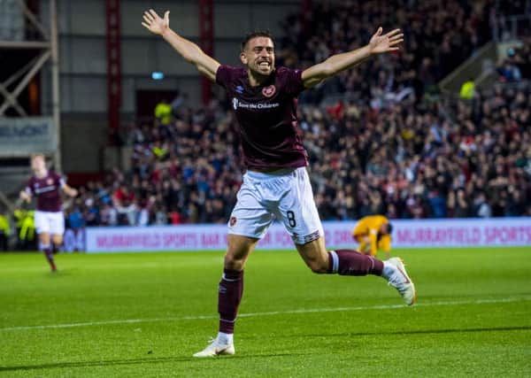 Olly Lee celebrates scoring in the Betfred Cup quarter final against Motherwell. Picture: SNS Group